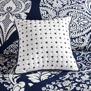 HomeRoots Set of Seven Indigo and White Damask Queen Bedding Ensemble with Soft Polyester Comforter & Shams 678445