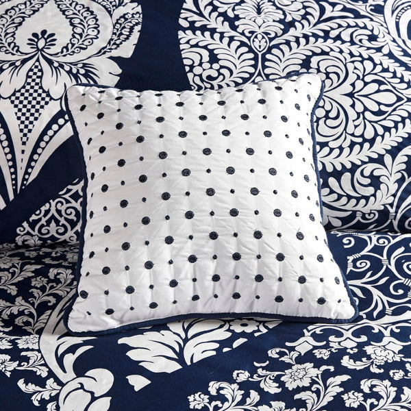 HomeRoots Set of Seven Indigo and White Damask Queen Bedding Ensemble with Soft Polyester Comforter & Shams 678445