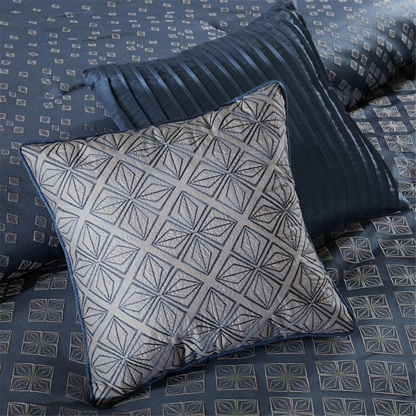 HomeRoots Set of Seven Navy Blue & Ivory Ombre King Comforter Ensemble with Ring Stitch for Elegant Style 678446