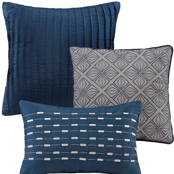 HomeRoots Set of Seven Navy Blue & Ivory Ombre King Comforter Ensemble with Ring Stitch for Elegant Style 678446