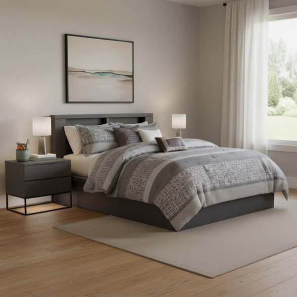 HomeRoots Set of Seven Elegant Gray and Taupe Striped King Comforter and Sham Collection for Modern Bedrooms 678447