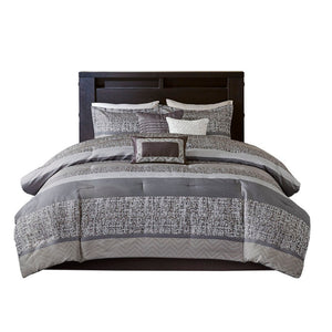 HomeRoots Set of Seven Striped Gray and Taupe Queen Bedding Ensemble – Soft Polyester Comforter & Shams 678448