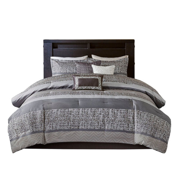 HomeRoots Set of Seven Striped Gray and Taupe Queen Bedding Ensemble – Soft Polyester Comforter & Shams 678448