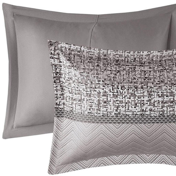 HomeRoots Set of Seven Striped Gray and Taupe Queen Bedding Ensemble – Soft Polyester Comforter & Shams 678448