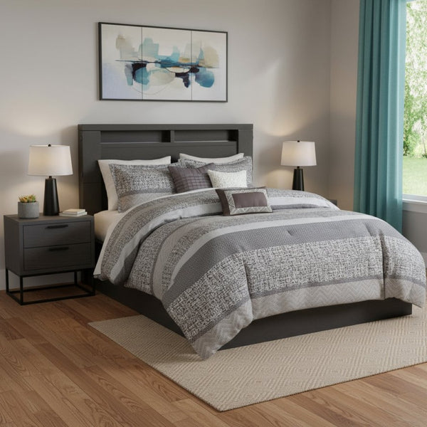 HomeRoots Set of Seven Striped Gray and Taupe Queen Bedding Ensemble – Soft Polyester Comforter & Shams 678448