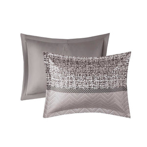 HomeRoots Set of Seven Striped Gray and Taupe Queen Bedding Ensemble – Soft Polyester Comforter & Shams 678448