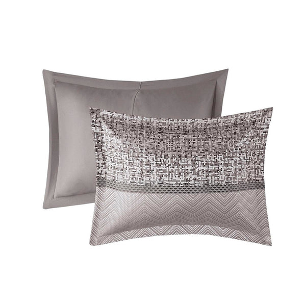 HomeRoots Set of Seven Striped Gray and Taupe Queen Bedding Ensemble – Soft Polyester Comforter & Shams 678448