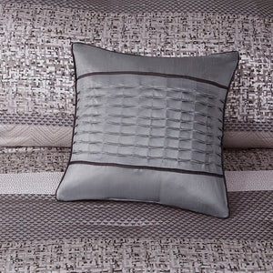 HomeRoots Set of Seven Striped Gray and Taupe Queen Bedding Ensemble – Soft Polyester Comforter & Shams 678448