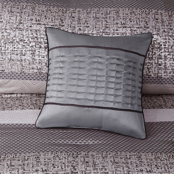 HomeRoots Set of Seven Striped Gray and Taupe Queen Bedding Ensemble – Soft Polyester Comforter & Shams 678448