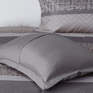 HomeRoots Set of Seven Striped Gray and Taupe Queen Bedding Ensemble – Soft Polyester Comforter & Shams 678448