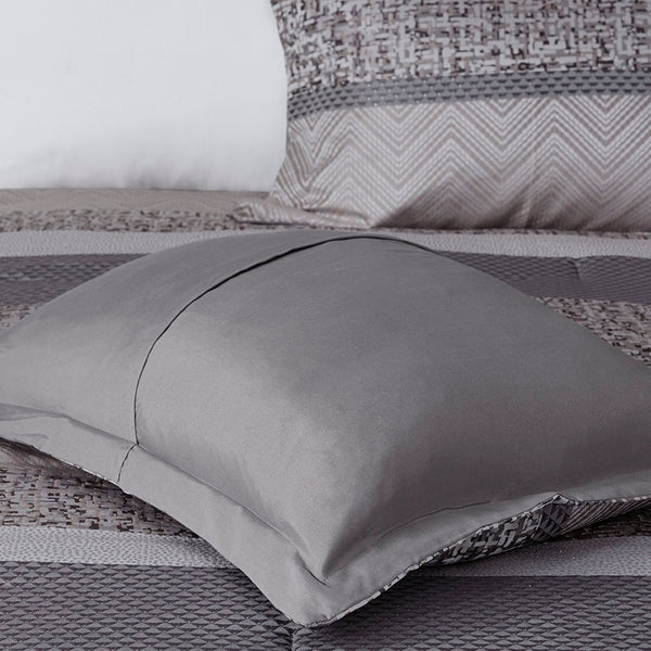 HomeRoots Set of Seven Striped Gray and Taupe Queen Bedding Ensemble – Soft Polyester Comforter & Shams 678448