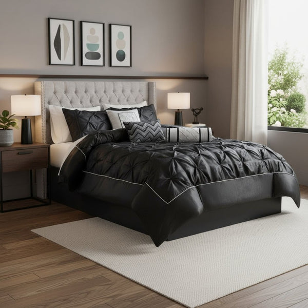 HomeRoots Set of Seven Black King Bedding Ensemble - Mid-Century Modern Comforter with Ring Stitch Design 678449
