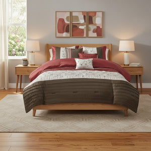 HomeRoots Set of Seven Mid-Century Floral King Comforter & Shams - Red, Brown, Ivory - Soft Polyester Bedding 678450