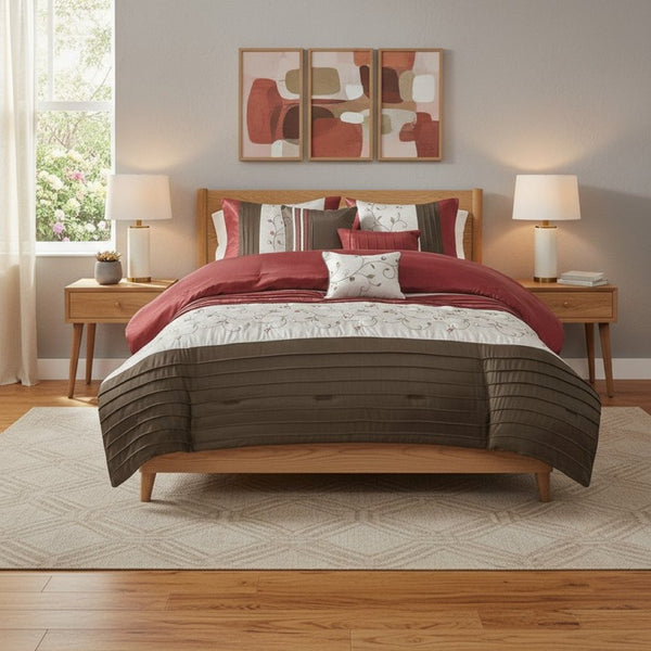 HomeRoots Set of Seven Mid-Century Floral King Comforter & Shams - Red, Brown, Ivory - Soft Polyester Bedding 678450