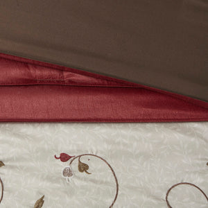 HomeRoots Set of Seven Mid-Century Floral King Comforter & Shams - Red, Brown, Ivory - Soft Polyester Bedding 678450
