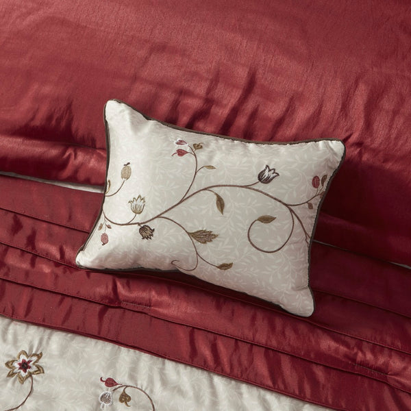 HomeRoots Set of Seven Mid-Century Floral King Comforter & Shams - Red, Brown, Ivory - Soft Polyester Bedding 678450
