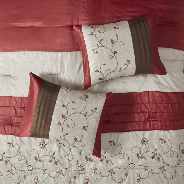 HomeRoots Set of Seven Mid-Century Floral King Comforter & Shams - Red, Brown, Ivory - Soft Polyester Bedding 678450