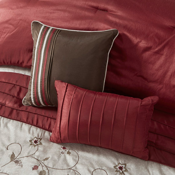 HomeRoots Set of Seven Mid-Century Floral King Comforter & Shams - Red, Brown, Ivory - Soft Polyester Bedding 678450
