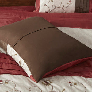 HomeRoots Set of Seven Mid-Century Floral King Comforter & Shams - Red, Brown, Ivory - Soft Polyester Bedding 678450
