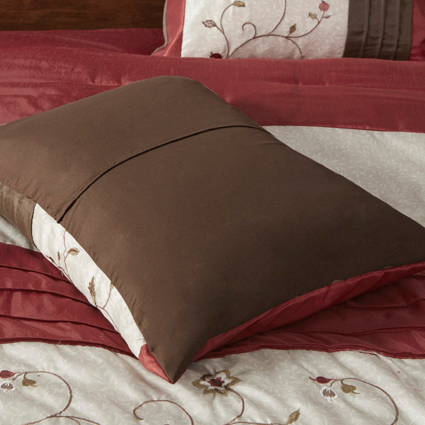 HomeRoots Set of Seven Mid-Century Floral King Comforter & Shams - Red, Brown, Ivory - Soft Polyester Bedding 678450