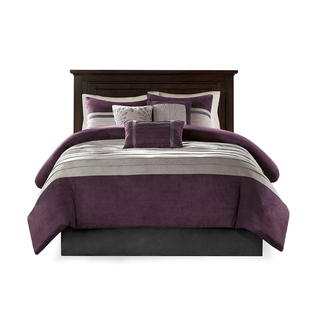 HomeRoots Set of Seven Striped Purple and Gray King Comforter & Sham Collection for Modern Bedroom Style 678451