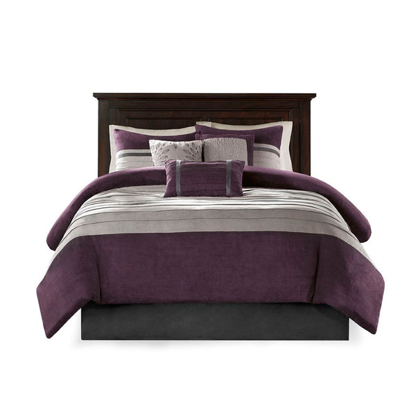 HomeRoots Set of Seven Striped Purple and Gray King Comforter & Sham Collection for Modern Bedroom Style 678451