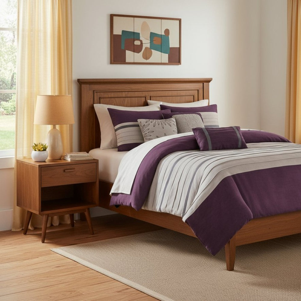 HomeRoots Set of Seven Striped Purple and Gray King Comforter & Sham Collection for Modern Bedroom Style 678451