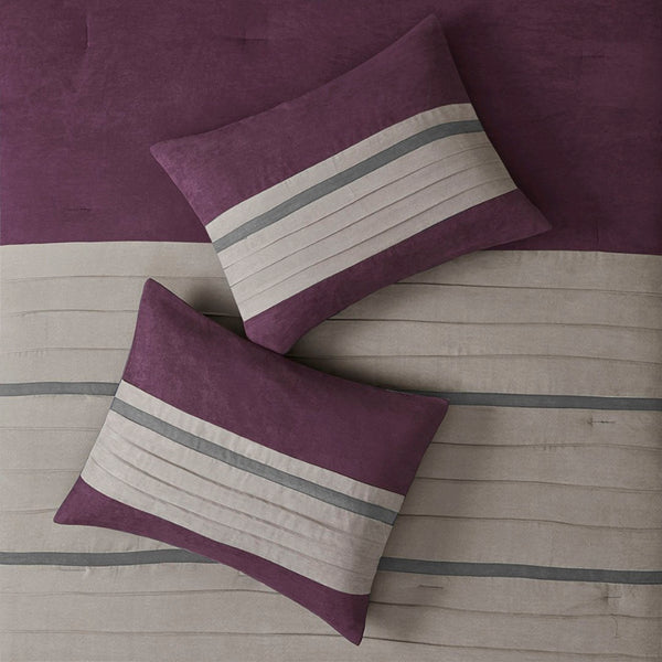 HomeRoots Set of Seven Striped Purple and Gray King Comforter & Sham Collection for Modern Bedroom Style 678451