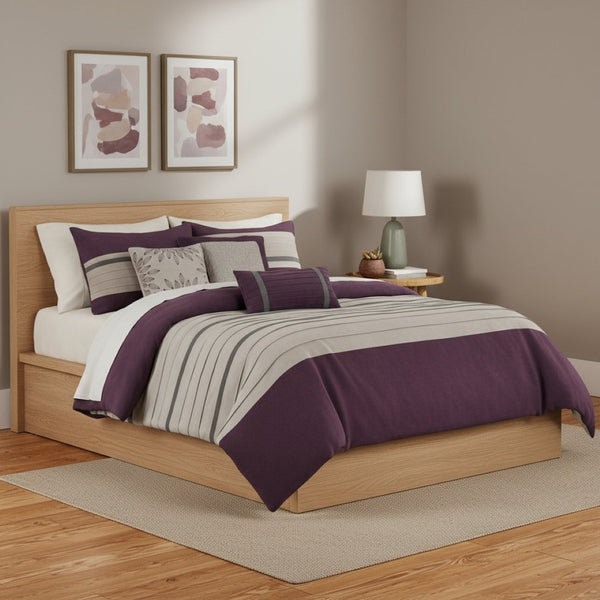 HomeRoots Set of Seven Stylish Purple and Gray Striped King Bedding Ensemble with Soft 400-Thread Count Comforter 678452