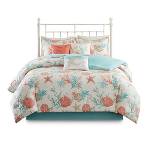 HomeRoots Set of Seven Aqua & Coral Mid-Century Ring Stitch Bedding Ensemble for a Fresh, Stylish Bedroom 678454