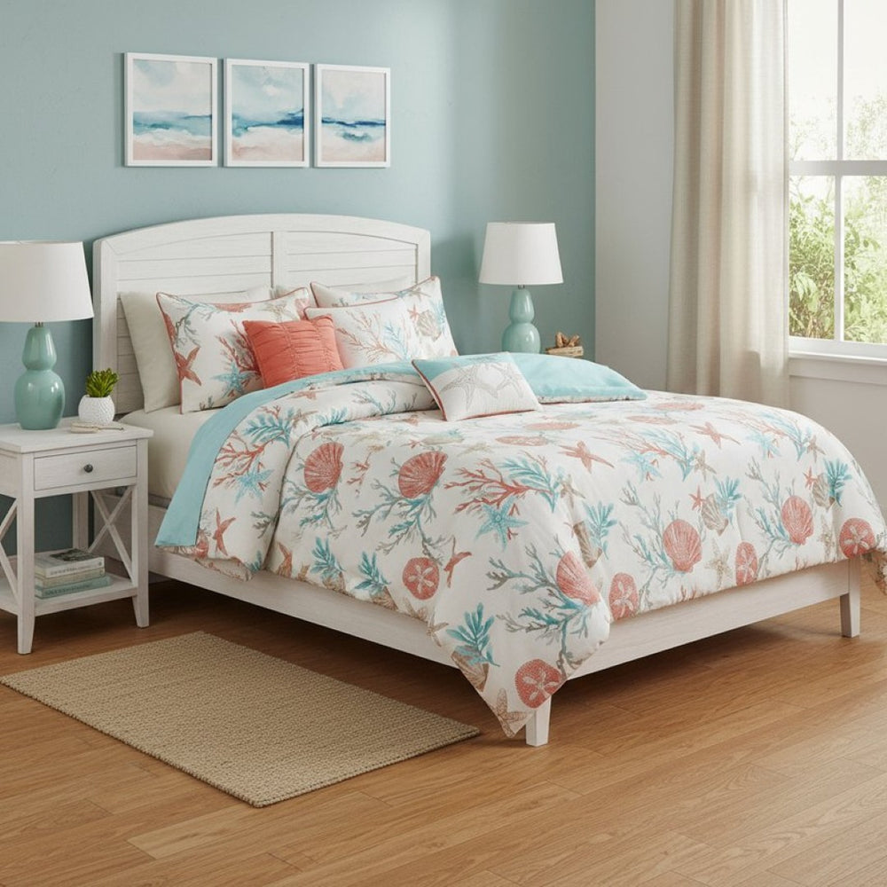 HomeRoots Set of Seven Aqua & Coral Mid-Century Ring Stitch Bedding Ensemble for a Fresh, Stylish Bedroom 678454
