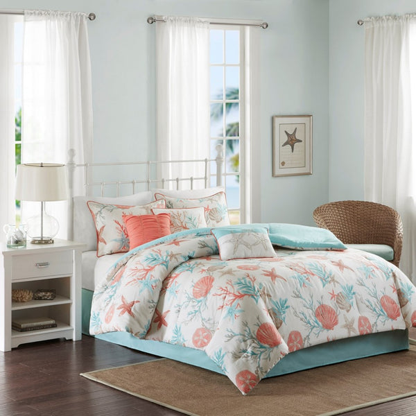HomeRoots Set of Seven Aqua & Coral Mid-Century Ring Stitch Bedding Ensemble for a Fresh, Stylish Bedroom 678454