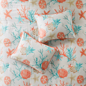 HomeRoots Set of Seven Aqua & Coral Mid-Century Ring Stitch Bedding Ensemble for a Fresh, Stylish Bedroom 678454