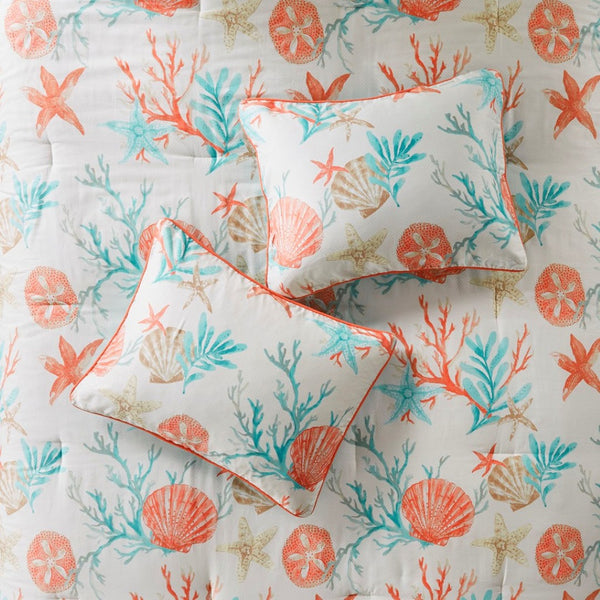 HomeRoots Set of Seven Aqua & Coral Mid-Century Ring Stitch Bedding Ensemble for a Fresh, Stylish Bedroom 678454