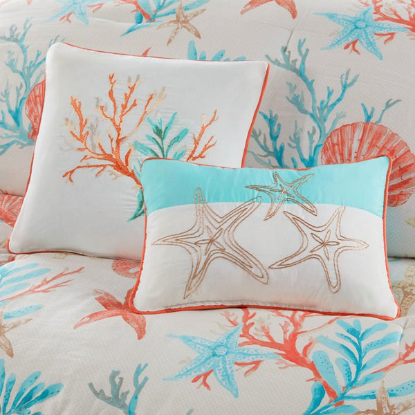 HomeRoots Set of Seven Aqua & Coral Mid-Century Ring Stitch Bedding Ensemble for a Fresh, Stylish Bedroom 678454