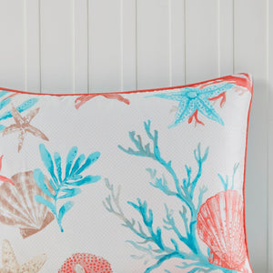 HomeRoots Set of Seven Aqua & Coral Mid-Century Ring Stitch Bedding Ensemble for a Fresh, Stylish Bedroom 678454