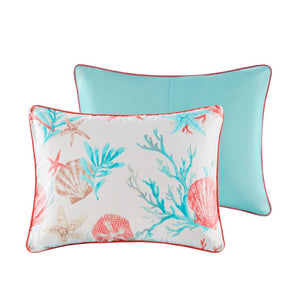 HomeRoots Set of Seven Aqua & Coral Mid-Century Ring Stitch Bedding Ensemble for a Fresh, Stylish Bedroom 678454