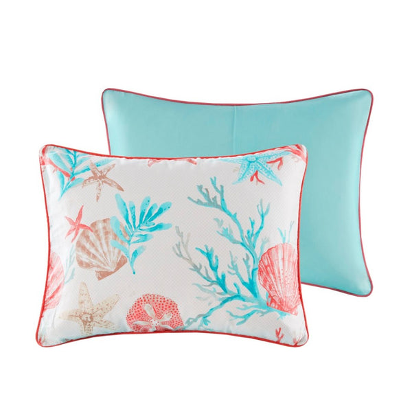 HomeRoots Set of Seven Aqua & Coral Mid-Century Ring Stitch Bedding Ensemble for a Fresh, Stylish Bedroom 678454