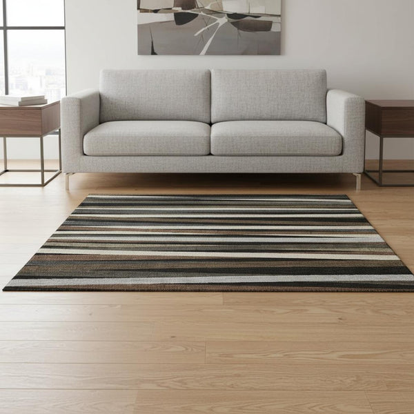 HomeRoots 5' X 8' Black, Brown & Ivory Striped Washable Area Rug – Durable, UV-Protected & Stylish for Any Room 678462