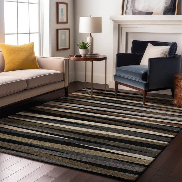 HomeRoots 5' X 8' Black, Brown & Ivory Striped Washable Area Rug – Durable, UV-Protected & Stylish for Any Room 678462