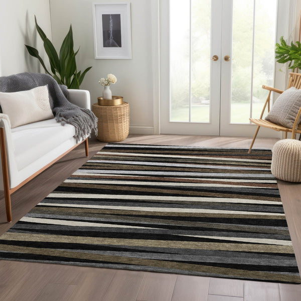 HomeRoots 5' X 8' Black, Brown & Ivory Striped Washable Area Rug – Durable, UV-Protected & Stylish for Any Room 678462