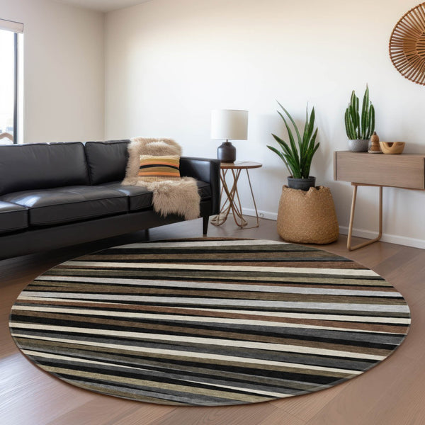 HomeRoots 8' Striped Washable Round Rug in Black, Brown & Ivory - UV Protected, Durable & Easy-Care Design 678463