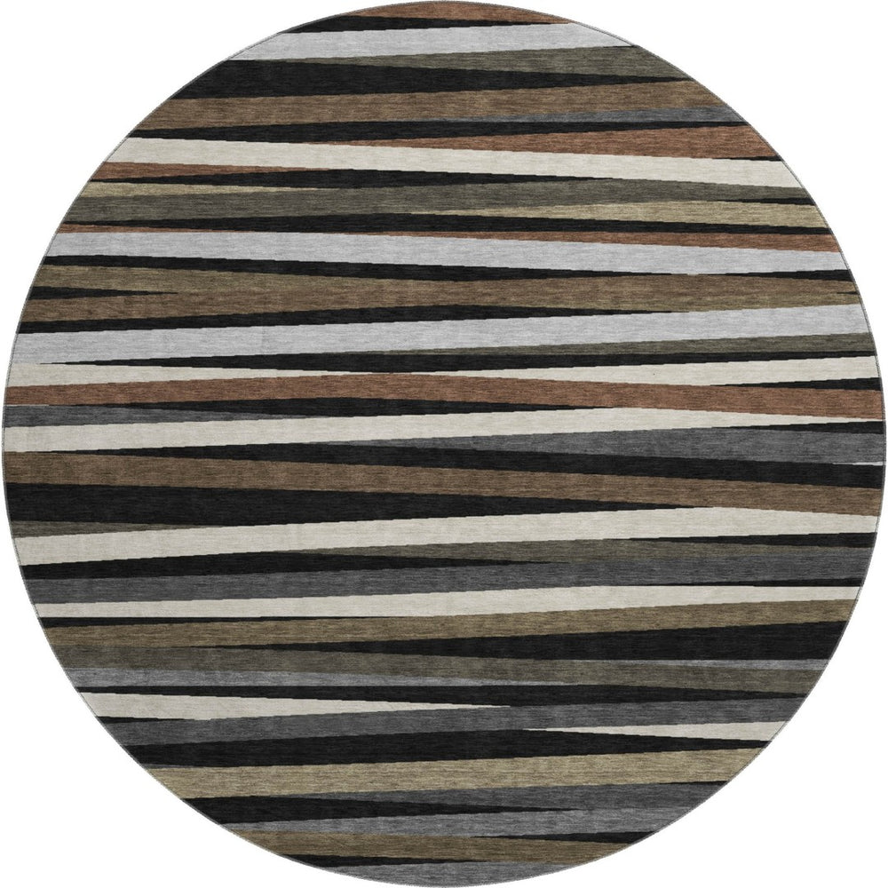 HomeRoots 8' Striped Washable Round Rug in Black, Brown & Ivory - UV Protected, Durable & Easy-Care Design 678463