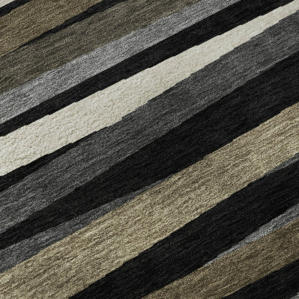 HomeRoots 8' Striped Washable Round Rug in Black, Brown & Ivory - UV Protected, Durable & Easy-Care Design 678463
