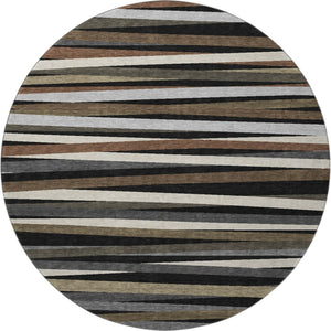 HomeRoots 8' Striped Washable Round Rug in Black, Brown & Ivory - UV Protected, Durable & Easy-Care Design 678463
