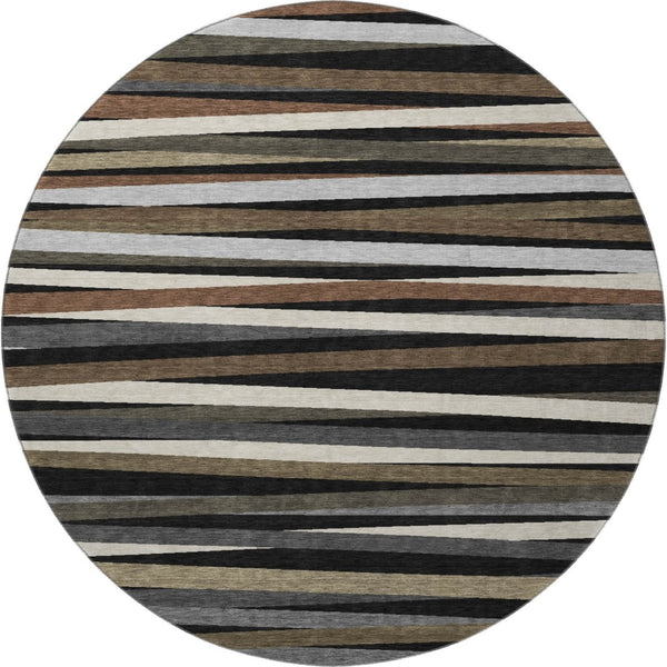 HomeRoots 8' Striped Washable Round Rug in Black, Brown & Ivory - UV Protected, Durable & Easy-Care Design 678463