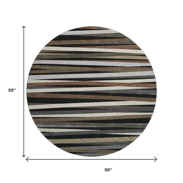 HomeRoots 8' Striped Washable Round Rug in Black, Brown & Ivory - UV Protected, Durable & Easy-Care Design 678463