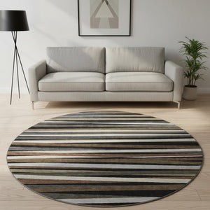 HomeRoots 8' Striped Washable Round Rug in Black, Brown & Ivory - UV Protected, Durable & Easy-Care Design 678463