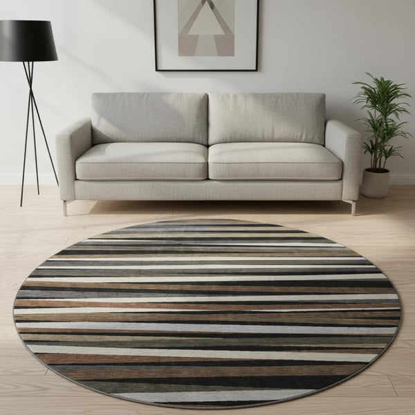 HomeRoots 8' Striped Washable Round Rug in Black, Brown & Ivory - UV Protected, Durable & Easy-Care Design 678463