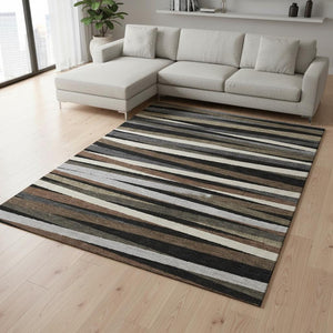 HomeRoots 9' X 12' Striped Area Rug in Black, Brown & Ivory – Washable, UV Protected, Perfect for High-Traffic Homes 678465